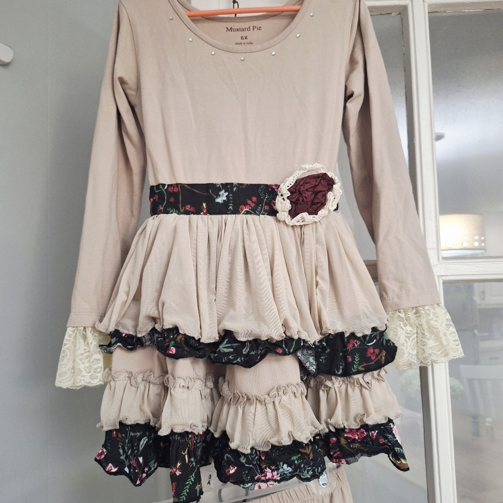Mustard Pie Beige and Black Floral Kids Top And Matching Pants Set Size 6x